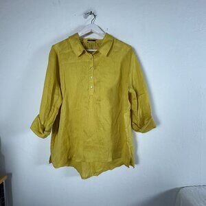 Womens Yellow Linen Button Up Tunic Shirt Top Roll-Tab Sleeve Casual Lightweight